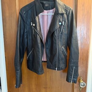 Only Black Leather Biker Jacket with Asymmetrical Zipper and Textured Surface